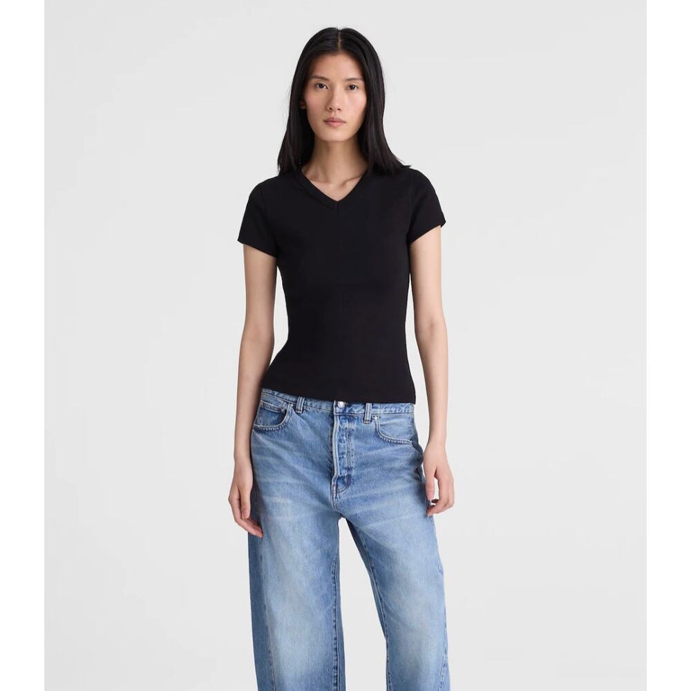Madewell | NWT 90s V Neck Baby Tee Black Compact Cotton Fitted | Sz L